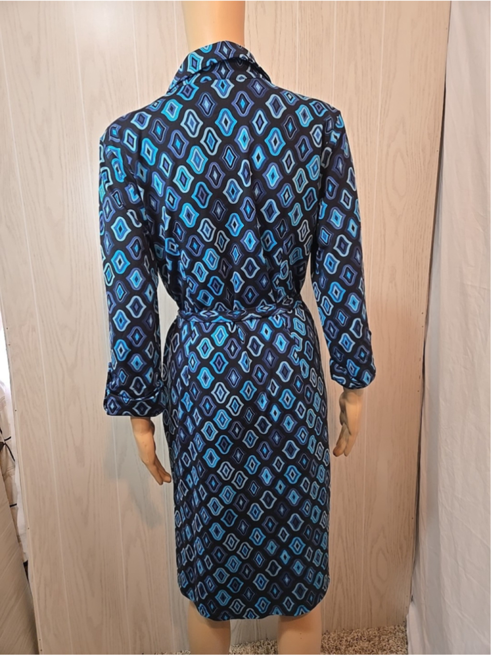 Ann Taylor Geo Print Shirt Dress Medium Navy Blue Midi Belted Button Front - Picture 8 of 8